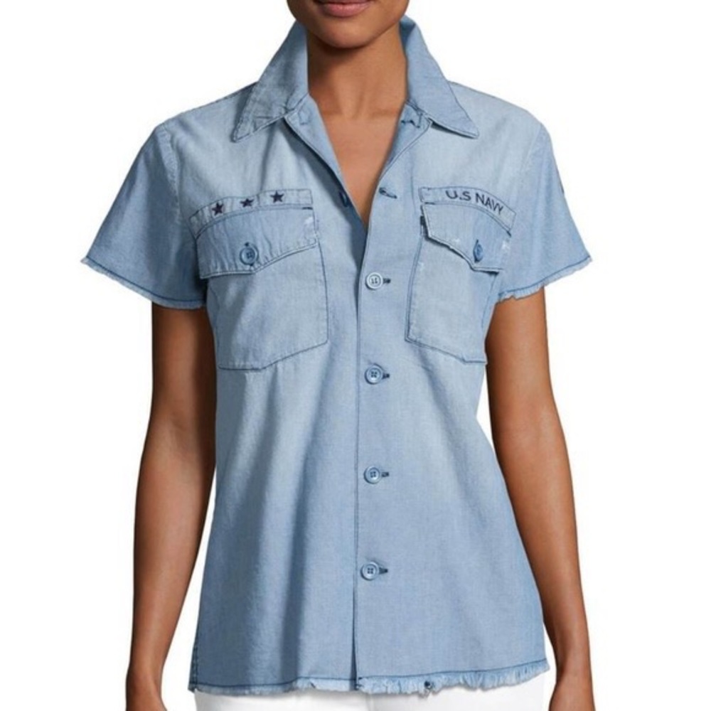 Etienne Marcel New Short Sleeve chambray Button-Up Top Embroidered US‎ Navy blue